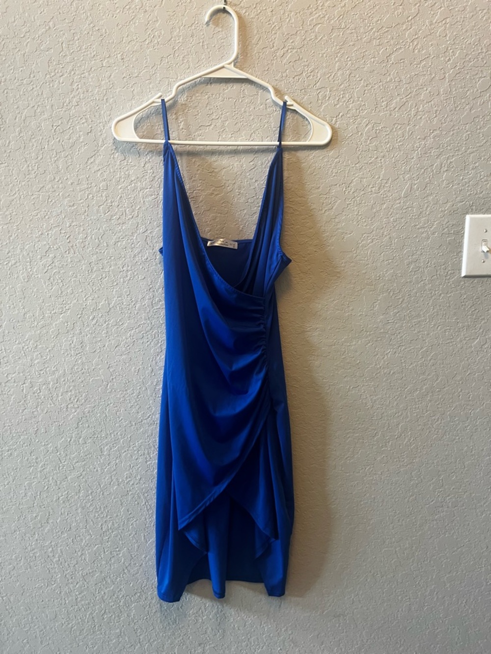 Cobalt Blue Asymmetric Draped Slip Dress with Spaghetti Straps